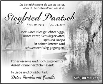 Traueranzeige von Siegfried Paatsch von Südthüringer Presse