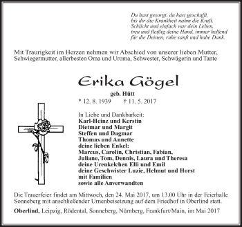 Traueranzeige von Erika Gögel von Südthüringer Presse