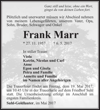 Traueranzeige von Frank Marr von Südthüringer Presse