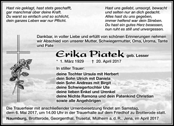 Traueranzeige von Erika Piatek von Südthüringer Presse