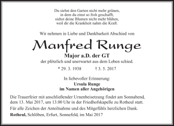 Traueranzeige von Manfred Runge von Südthüringer Presse