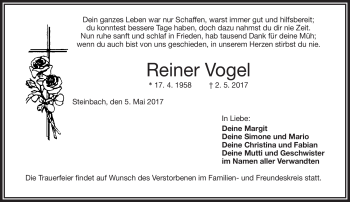 Traueranzeige von Reiner Vogel von Frankenpost