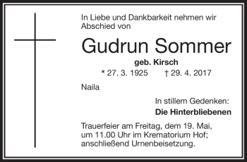 Traueranzeige von Gudrun Sommer von Frankenpost