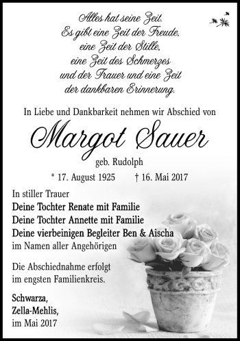 Traueranzeige von Margot Sauer von Südthüringer Presse
