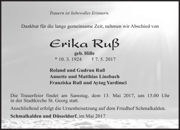 Traueranzeige von Erika Ruß von Südthüringer Presse