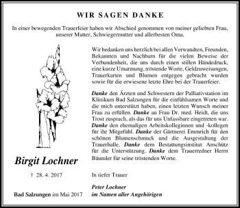 Traueranzeige von Birgit Lochner von Südthüringer Presse