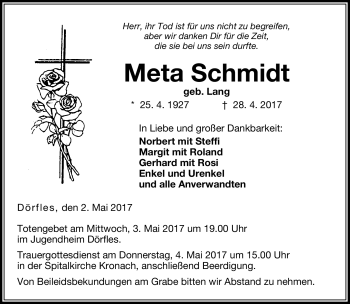Traueranzeige von Meta Schmidt von Neue Presse Coburg