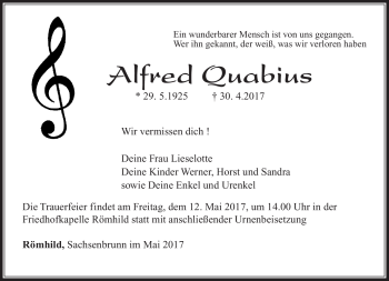 Traueranzeige von Alfred Quabius von Südthüringer Presse