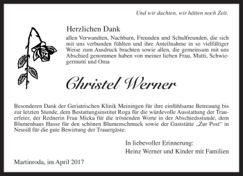 Traueranzeige von Christel Werner von Südthüringer Presse