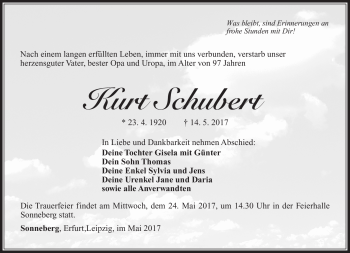 Traueranzeige von Kurt Schubert von Südthüringer Presse