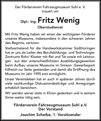 Traueranzeige von Fritz Wenig von Südthüringer Presse
