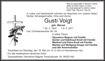 Traueranzeige von Gust Voigt von Frankenpost