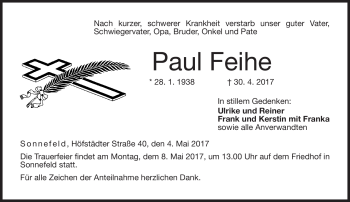 Traueranzeige von Paul Feihe von Neue Presse Coburg