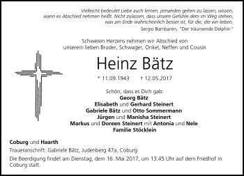 Traueranzeige von Heinz Bätz von Neue Presse Coburg