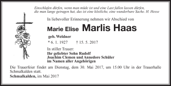 Traueranzeige von Marlies Haas von Südthüringer Presse