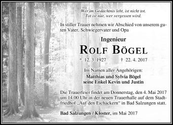 Traueranzeige von Rolf Bögel von Südthüringer Presse
