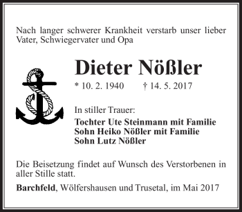 Traueranzeige von Dieter Nößler von Südthüringer Presse