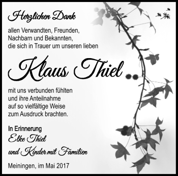 Traueranzeige von Klaus Thiel von Südthüringer Presse