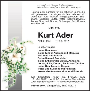 Traueranzeige von Kurt Ader von Südthüringer Presse