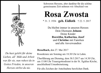 Traueranzeige von Rosa Zwosta von Neue Presse Coburg