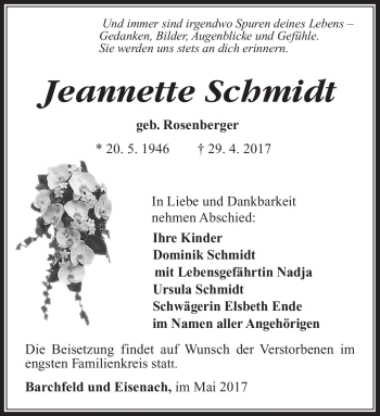 Traueranzeige von Jeannette Schmidt von Südthüringer Presse