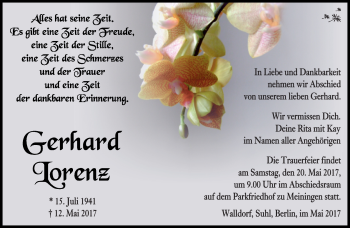 Traueranzeige von Gerhard Lorenz von Südthüringer Presse