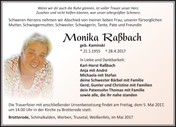 Traueranzeige von Monika Raßbach von Südthüringer Presse