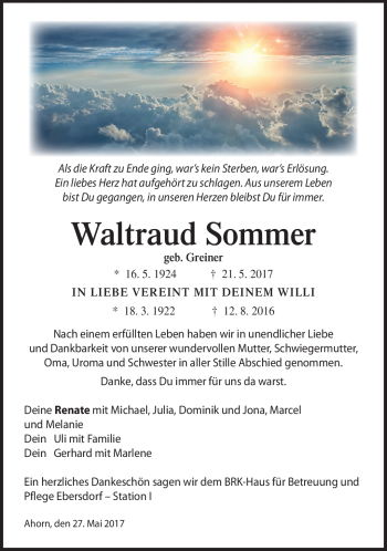 Traueranzeige von Waltraud Sommer von Neue Presse Coburg