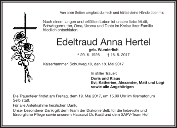 Traueranzeige von Edeltraud Hertel von Frankenpost