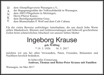 Traueranzeige von Ingeborg Krause von Südthüringer Presse