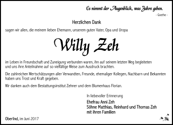 Traueranzeige von Willy Zeh von Südthüringer Presse