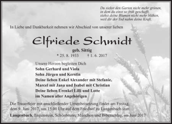 Traueranzeige von Elfriede Schmidt von Südthüringer Presse