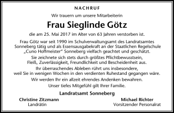 Traueranzeige von Sieglinde Götz von Südthüringer Presse