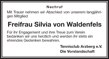 Traueranzeige von Silvia von Waldenfels von Frankenpost