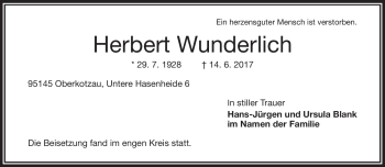 Traueranzeige von Herbert Wunderlich von Frankenpost