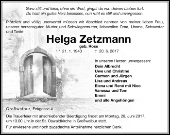 Traueranzeige von Helga Zetzmann von Neue Presse Coburg