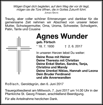 Traueranzeige von Agnes Wunder von Neue Presse Coburg