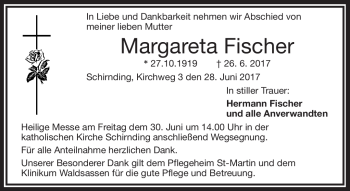 Traueranzeige von Margareta Fischer von Frankenpost