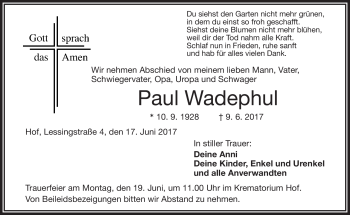 Traueranzeige von Paul Wadephul von Frankenpost