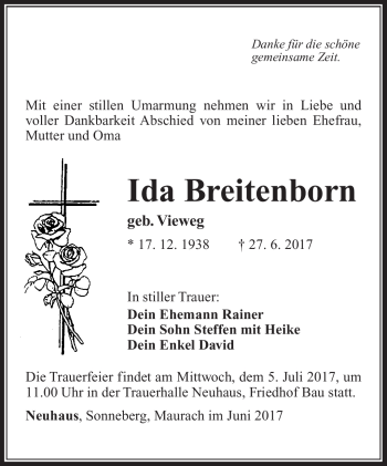 Traueranzeige von Ida Breitenborn von Südthüringer Presse