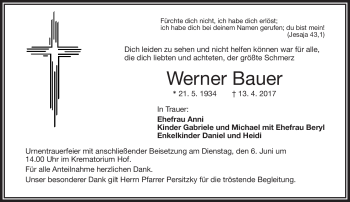 Traueranzeige von Werner Bauer von Frankenpost