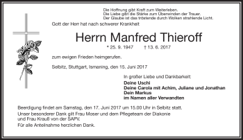 Traueranzeige von Manfred Thieroff von Frankenpost