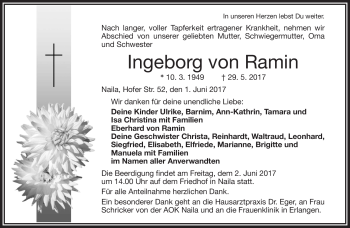 Traueranzeige von Ingeborg von Ramin von Frankenpost