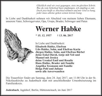 Traueranzeige von Werner Habke von Südthüringer Presse