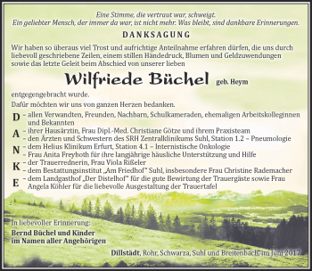 Traueranzeige von Wilfriede Büchel von Südthüringer Presse