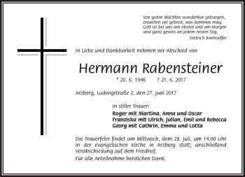 Traueranzeige von Hermann Rabensteiner von Frankenpost