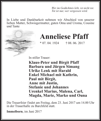 Traueranzeige von Anneliese Pfaff von Südthüringer Presse