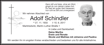 Traueranzeige von Adolf Schindler von Frankenpost