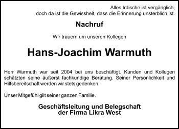 Traueranzeige von Hans-Joachim Warmuth von Neue Presse Coburg