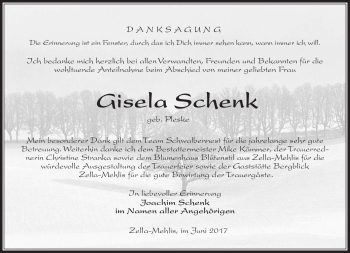 Traueranzeige von Gisela Schenk von Südthüringer Presse